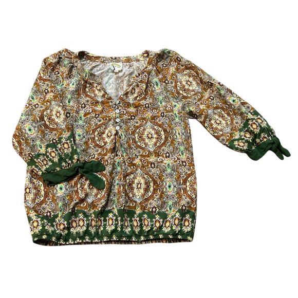 Fig and Flower- Anthro- blouse- peasant top- green neutrals medium boho - Picture 1 of 12